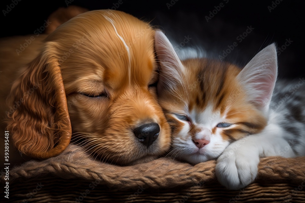 Two pets, a cat and a dog sleeping together in a cozy nap. Kitten and puppy taking a rest, cute animal companions. Animal care and friendship in a home setting with domestic pets. Generative AI