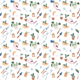 Seamless pattern with Gardening elements, DIY activities.  Home gardening and plant care concept. Hand drawn abstract vector background.
