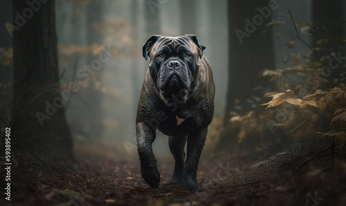 Photo of Cane Corso, a majestic Italian breed walking through a misty forest. The intense focus and muscular physique of the dog are highlighted by the composition. Generative AI © Bartek