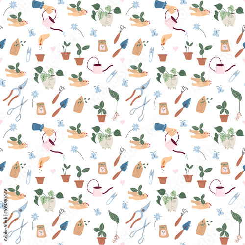 Seamless pattern with Gardening elements, DIY activities.  Home gardening and plant care concept. Hand drawn abstract vector background.
