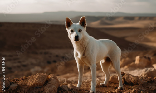 Photo of Canaan dog  breed native to the Middle East  amidst the rugged terrain of Israeli desert. vast expanse of the desert is providing a stunning backdrop for this majestic animal. Generative AI