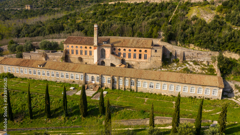 Fototapeta premium Aerial view of the Belvedere di San Leucio, a monumental complex located in Caserta, in Campania, Italy. It is Unesco world heritage site and an ancient Bourbons Royal residence and silk factory.