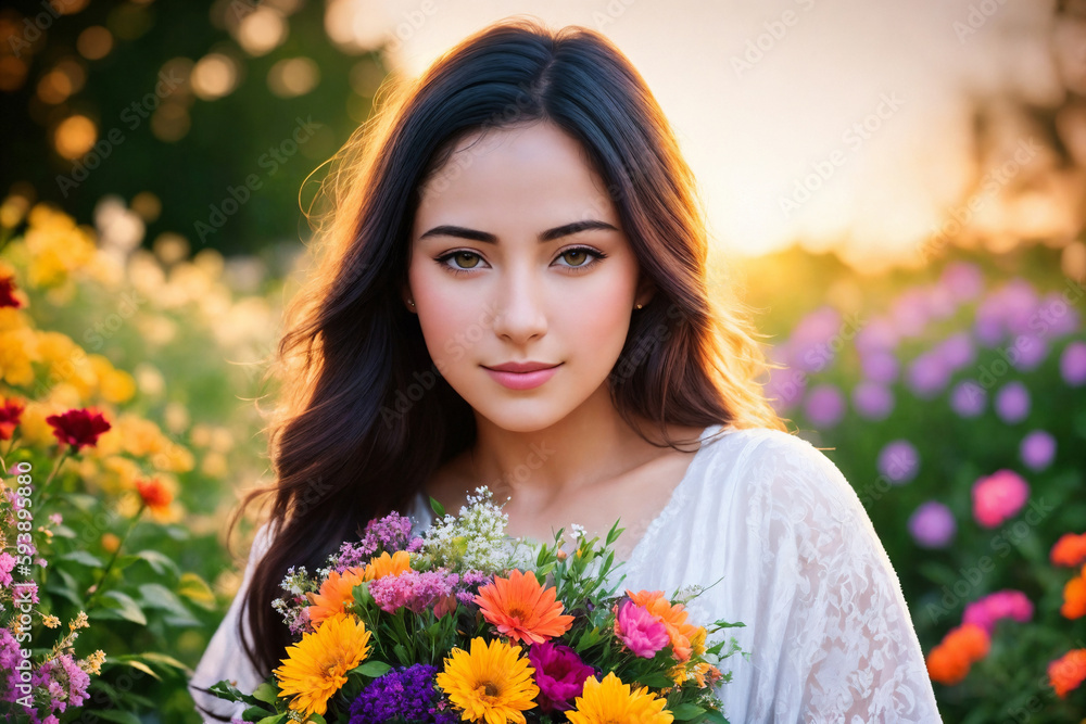 Portrait of a happy young woman with flowers in a garden. Generative AI. Portrait of a happy young woman with flowers in a garden. Generative AI.