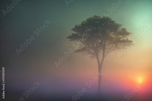 One big tall tree, sunrise in a foggy forest, sunlight through the haze, beautiful morning landscape. Generative AI.