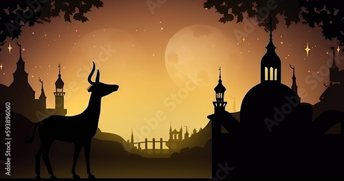 AI generated Illustration of Ramadan Kareem background with mosque  sheep and moon