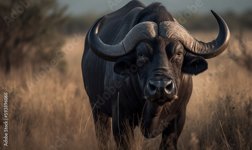 Cape buffalo photo standing amidst the African savannah as it highlights the buffalo s strength and resilience  evoking a sense of awe and respect for this iconic creature of the wild. Generative AI