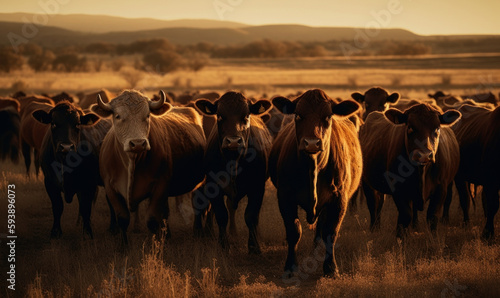 sunset photo of cattle in its natural habitat. Generative AI © Bartek