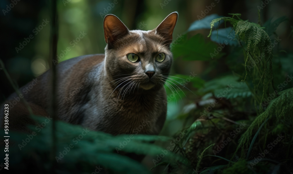 Photo of Burmese cat, perfectly poised in its natural jungle habitat, showcasing the cat's stunning coat, piercing eyes, and muscular body amidst the lush greenery. Generative AI Photo of Burmese cat, perfectly poised in its natural jungle habitat, showcasing the cat's stunning coat, piercing eyes, and muscular body amidst the lush greenery. Generative AI