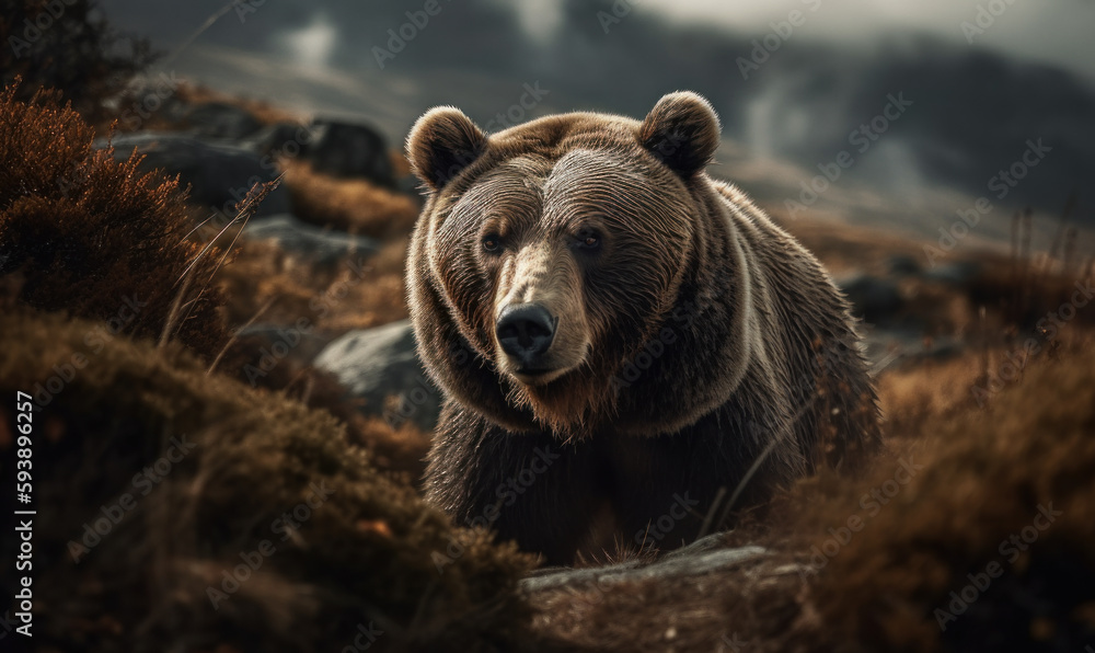 Ursus arctos, majestic brown bear captured against backdrop of wild & untamed landscape. rugged mountainous terrain that surrounds the bear is conveying the untamed wilderness. Generative AI Ursus arctos, majestic brown bear captured against backdrop of wild & untamed landscape. rugged mountainous terrain that surrounds the bear is conveying the untamed wilderness. Generative AI