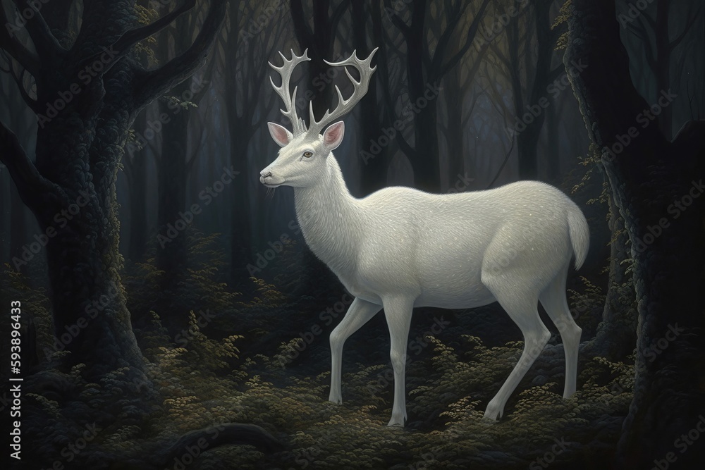 White deer in magical forest. Generate Ai
