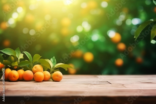 Wooden Table with Blurred Orange Garden Background  Product Display and Copy Space