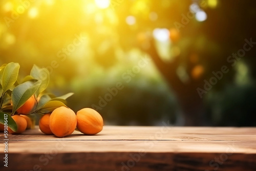 Wooden Table with Blurred Orange Garden Background, Product Display and Copy Space