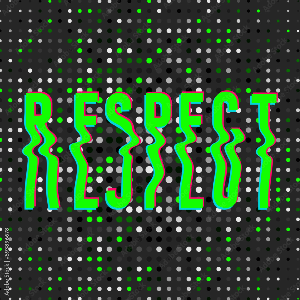 Wavy text of Respect with glitch effect on acid futuristic background. Lettering in trendy psychedelic y2k rave style. Nostalgia for 1990s -2000s. Vector illustration
