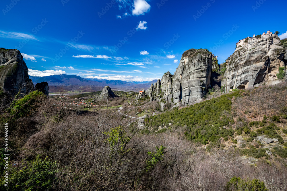 Rocky mountain scenery breathtaking landscape with blue sky, Meteora religious monastery complex, Greece