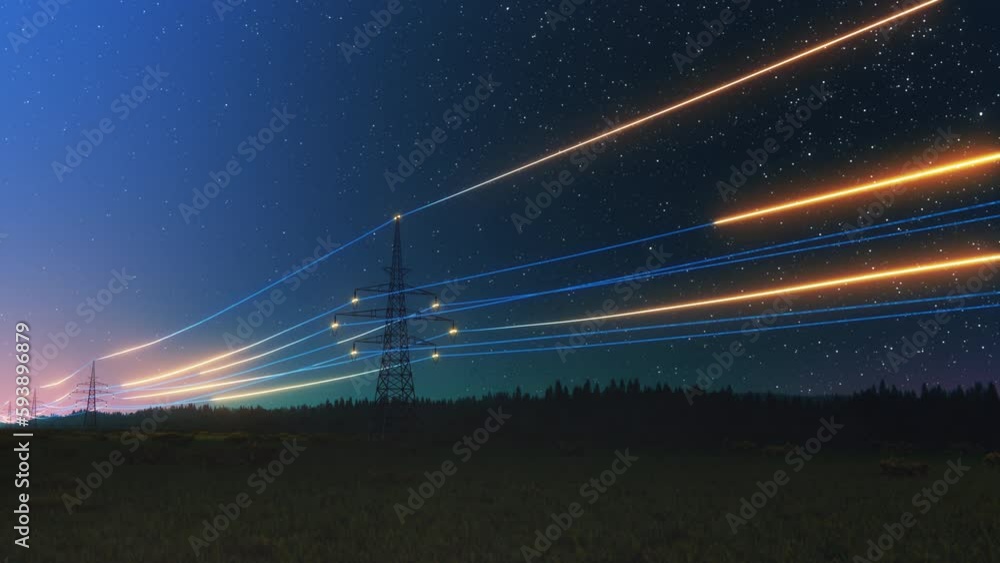 Overhead Electricity Transmission Lines with 3D Digital Visualization of Electricity. Scenic Static Footage with Night Sky Full of Stars. Concept of Renewable Green Energy and Ecological Environment