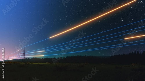 Power Transmission Lines with 3D Digital Visualization of Electricity. Scenic Moving Timelapse Footage with Night Sky Full of Stars. Concept of Renewable Green Energy and Ecological Environment