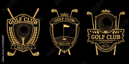 Golf club logo, icon or badge set. Vintage design with crossed golf sticks and ball on tee. Retro shield emblems. Sport tournament or championship labels. Vector illustration.
