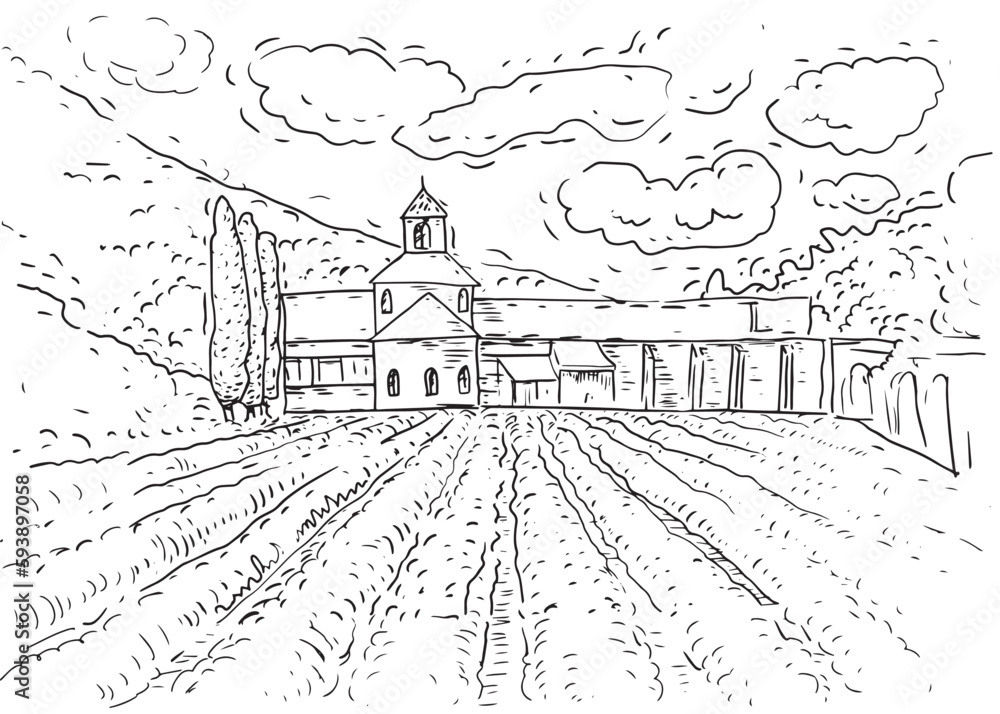 Italy farm lavender fields patio coloring hand drawn on a white background masonry Provence old buildings
Italy farm lavender fields patio coloring hand drawn on a white background masonry Provence old buildings