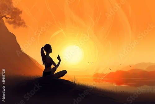 Woman yoga sunset. Generate Ai