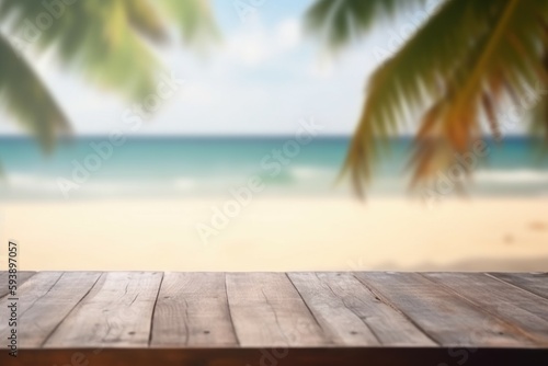 Wooden table tropical beach. Generate Ai