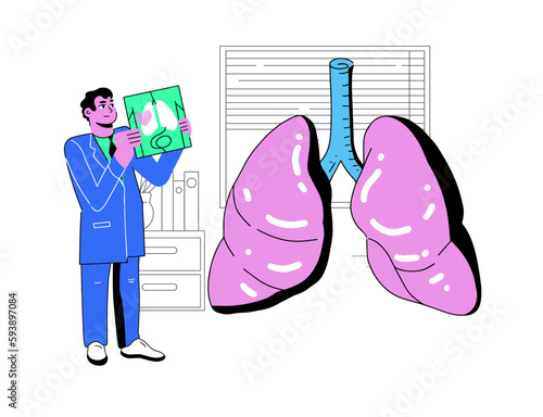 The Doctor examines the big Lungs. Vector illustration in neobrutalism style. Pulmonologist conducts research on the lungs. Nurse stands and holds a snapshot scan