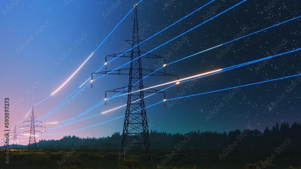 Power Transmission Lines with 3D Digital Visualization of Electricity. Scenic Footage with Night Sky Full of Bright Stars. Concept of Renewable Green Energy and Clean Ecological Environment