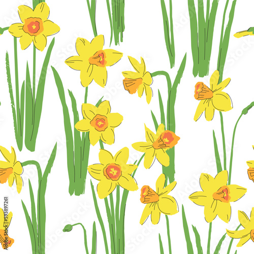 Seamless pattern with spring flowers daffodils. Yellow flowers on the neutral background.