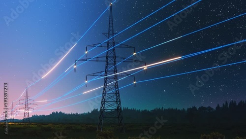 Power Transmission Lines with 3D Digital Visualization of Electricity. Scenic Footage with Night Sky Full of Bright Stars. Concept of Renewable Green Energy and Clean Ecological Environment photo