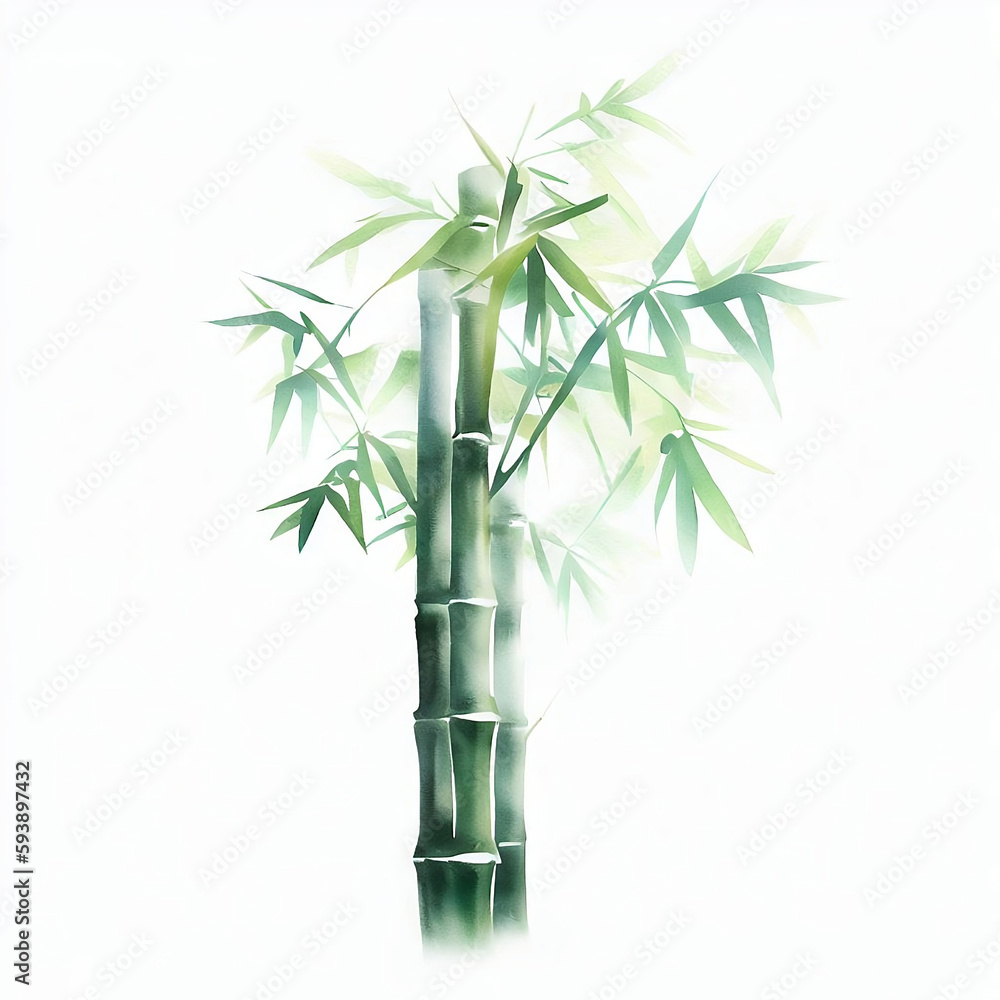 Fototapeta premium Watercolor style painting Generative AI with high detail on a white background. Water color bamboo with green leaves. traditional Chinese painting.