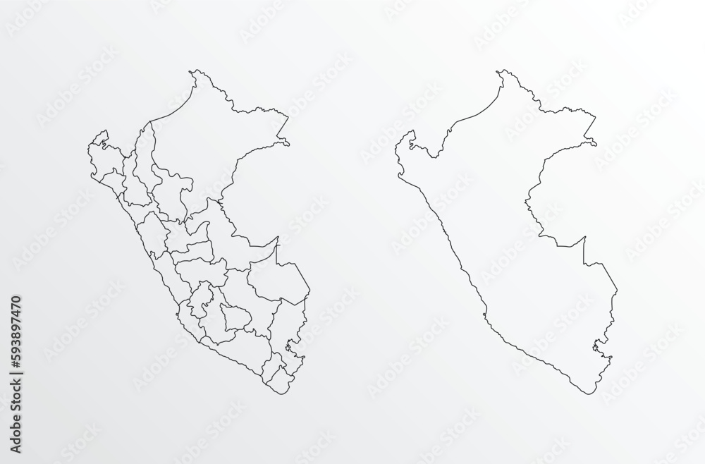 Black Outline vector Map of Peru with regions on white background