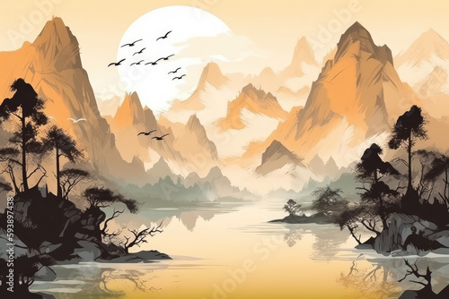 Minimalistic mountain landscape with watercolor and texture in traditional oriental, Japanese style. Vector illustration, generative AI