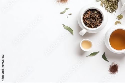 Top view mockup of teacups with teapot, organic green tea leaves and dried herbs on white table with copy space 