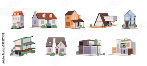 House exterior architecture. Home buildings facades set. Residential urban, suburban real estate in traditional and contemporary style. Flat graphic vector illustrations isolated on white background