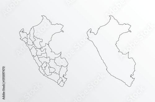 Black Outline vector Map of Peru with regions on white background