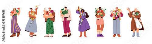 People holding hearts, stars, money, swords, flowers bouquet, achievement medals. Characters with different concept items in hands. Flat graphic vector illustrations set isolated on white background