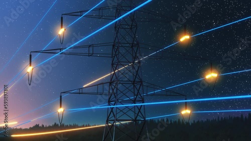 Power Transmission Lines with 3D Digital Visualization of Electricity. Scenic Animation with Night Sky Full of Stars. Concept of Renewable Green Energy and Ecological Environment photo
