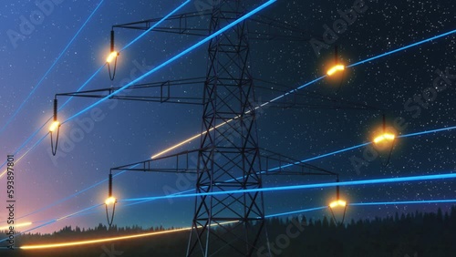 Power Transmission Lines with 3D Digital Visualization of Electricity. Scenic Animation with Night Sky Full of Stars. Concept of Renewable Green Energy and Ecological Environment
