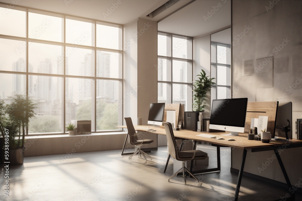 modern corporate room office desk workplace furniture window bright chair interior. Generative AI. modern corporate room office desk workplace furniture window bright chair interior. Generative AI.