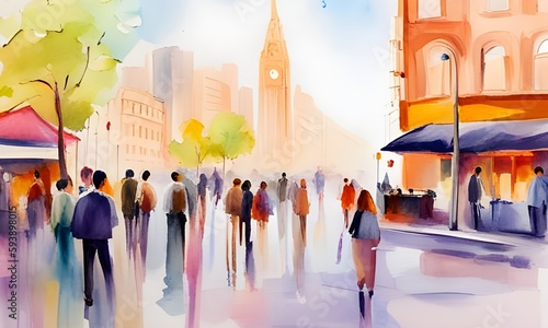 Pastel watercolor painting of the city, buildings, people, street, picturesque, illustration, painting, poster. AI generated.