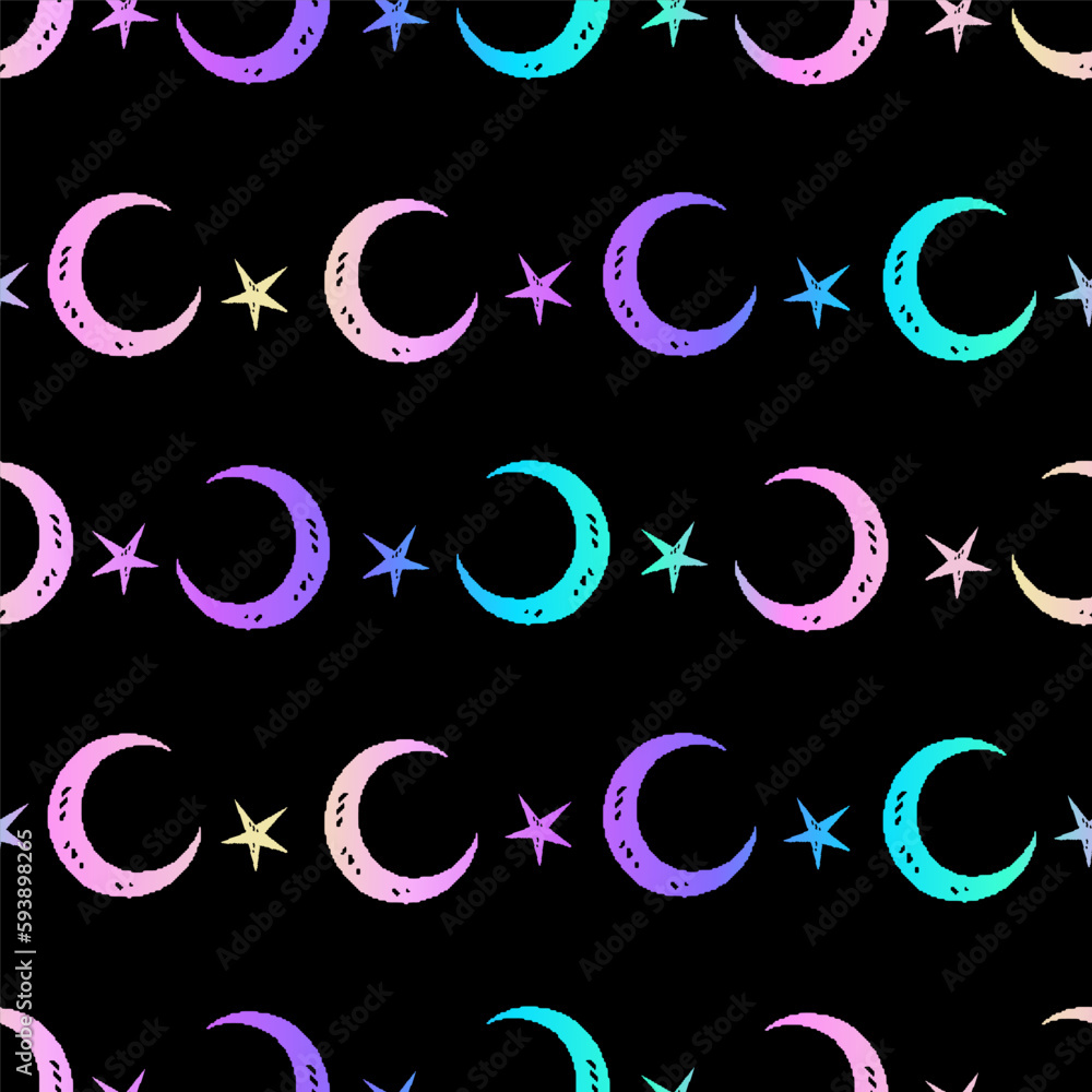 Obraz premium Cosmic pattern of colorful crescents and stars on a black background