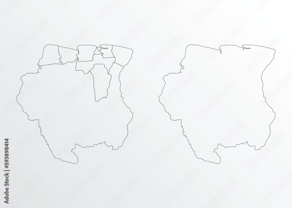 Black Outline vector Map of Suriname with regions on white background