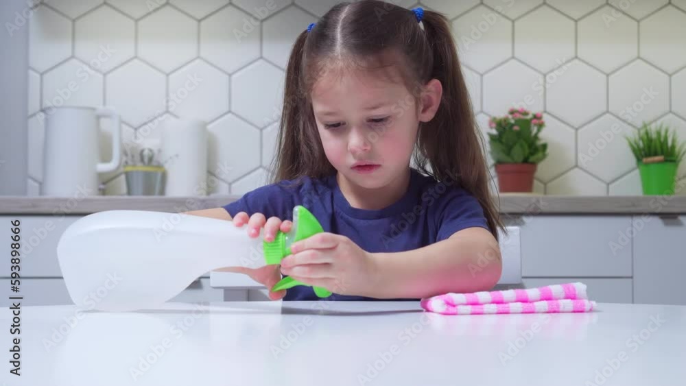 Amazing little preteen girl with long dark hair wearing blue T-shirt spraying on white table with cleanser sprayer cleaning washing with rag in kitchen. Housework, housekeeping, disinfection, hygiene. Amazing little preteen girl with long dark hair wearing blue T-shirt spraying on white table with cleanser sprayer cleaning washing with rag in kitchen. Housework, housekeeping, disinfection, hygiene.