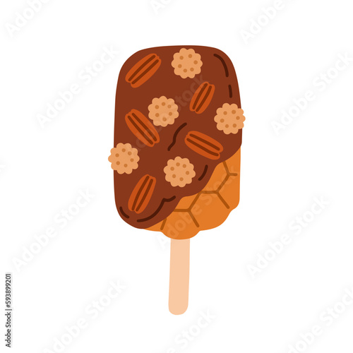Waffle on stick. Sweet sugar dessert glazed with chocolate frosting, nuts, wa...