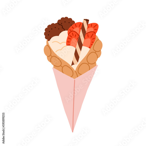 Egg bubble waffle cone with whipped cream, chocolate cookies, strawberries. H...