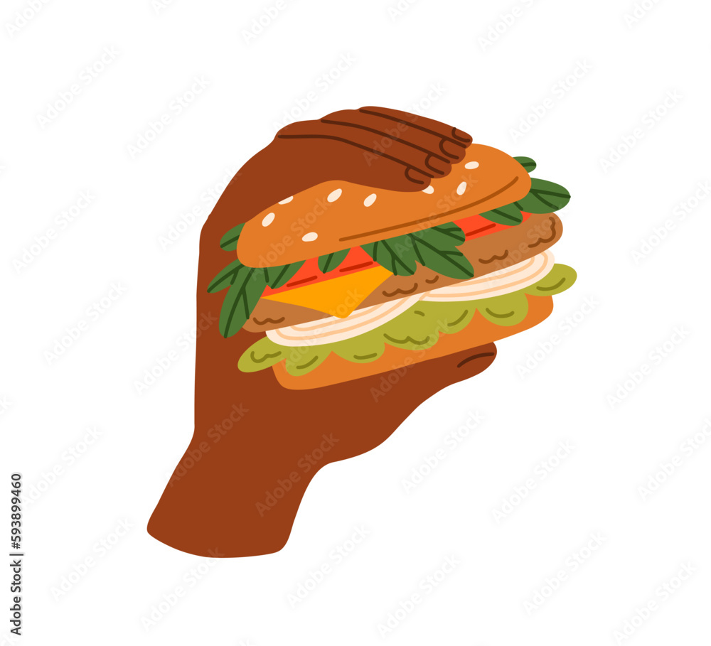 Hand holding burger. American fast food, hamburger with meat and ...