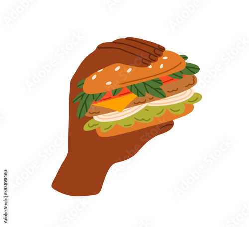 Hand holding burger. American fast food, hamburger with meat and vegetables stuffing between buns. Tasty fastfood snack with beef cutlet, lettuce. Flat vector illustration isolated on white background