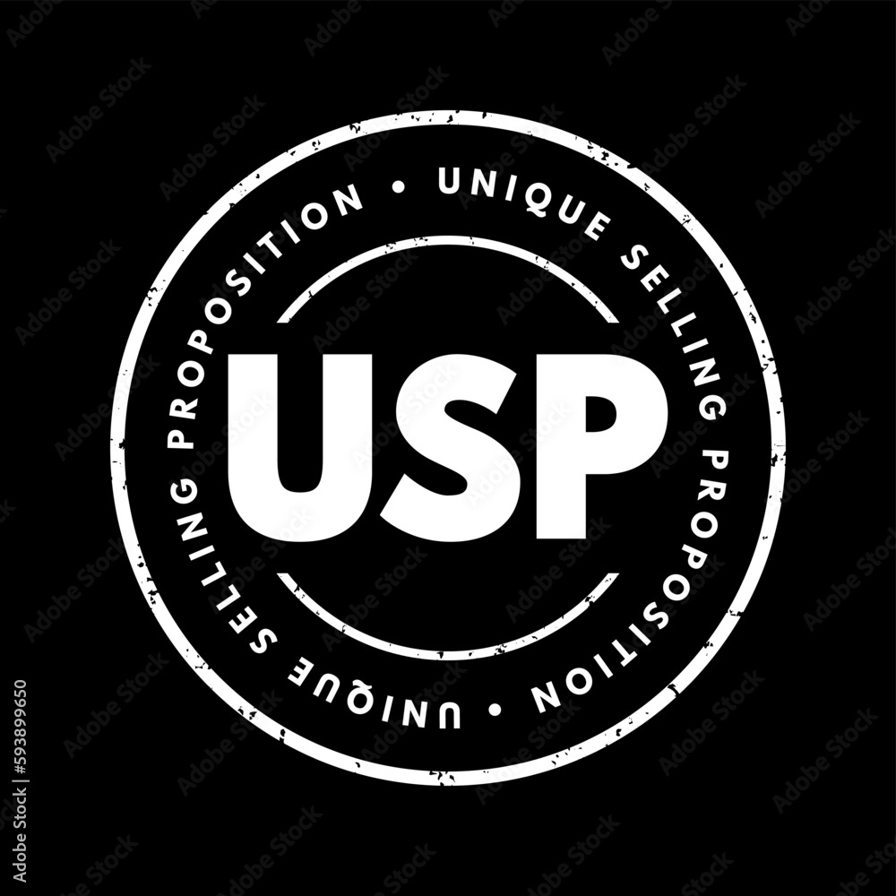 USP Unique Selling Proposition - essence of what makes your product or service better than competitors, acronym text stamp concept background