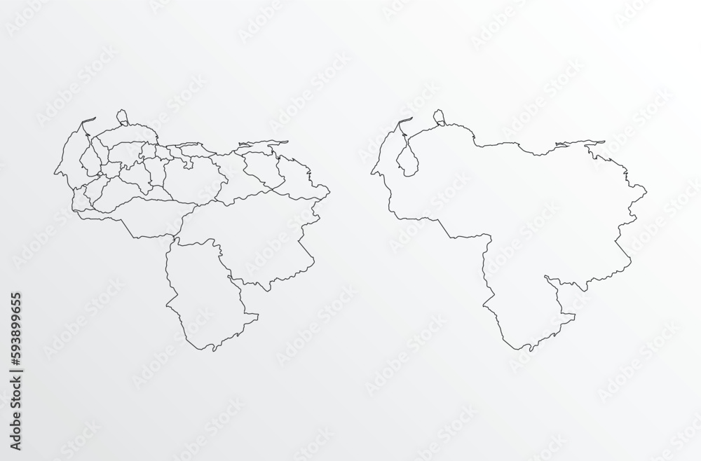 Black Outline vector Map of Venezuela with regions on white background