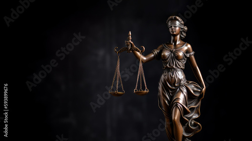 Law and Justice concept image. Themis, symbol of law on dark background.