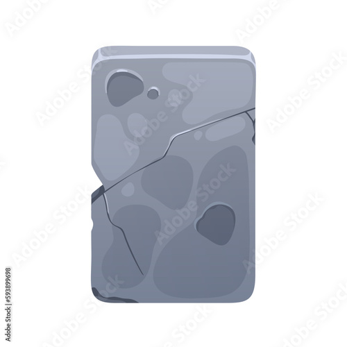 Stone board, game ui element. Metal rectangle panel, vertical plate for gui. Grunge rough textured plaque. Vertical solid rock slider, key. Flat vector illustration isolated on white background